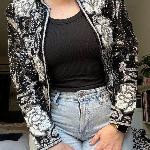 A.J. Bari Jackets & Blazers - A.J. Bari Black and White Floral Sequin Blazer